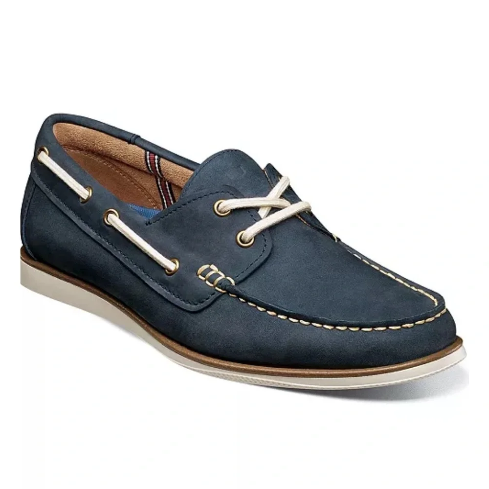 Florsheim Atlantic Moc Toe Navy Blue Leather Boat Shoe Tie Loafers Mens Sz 7.5